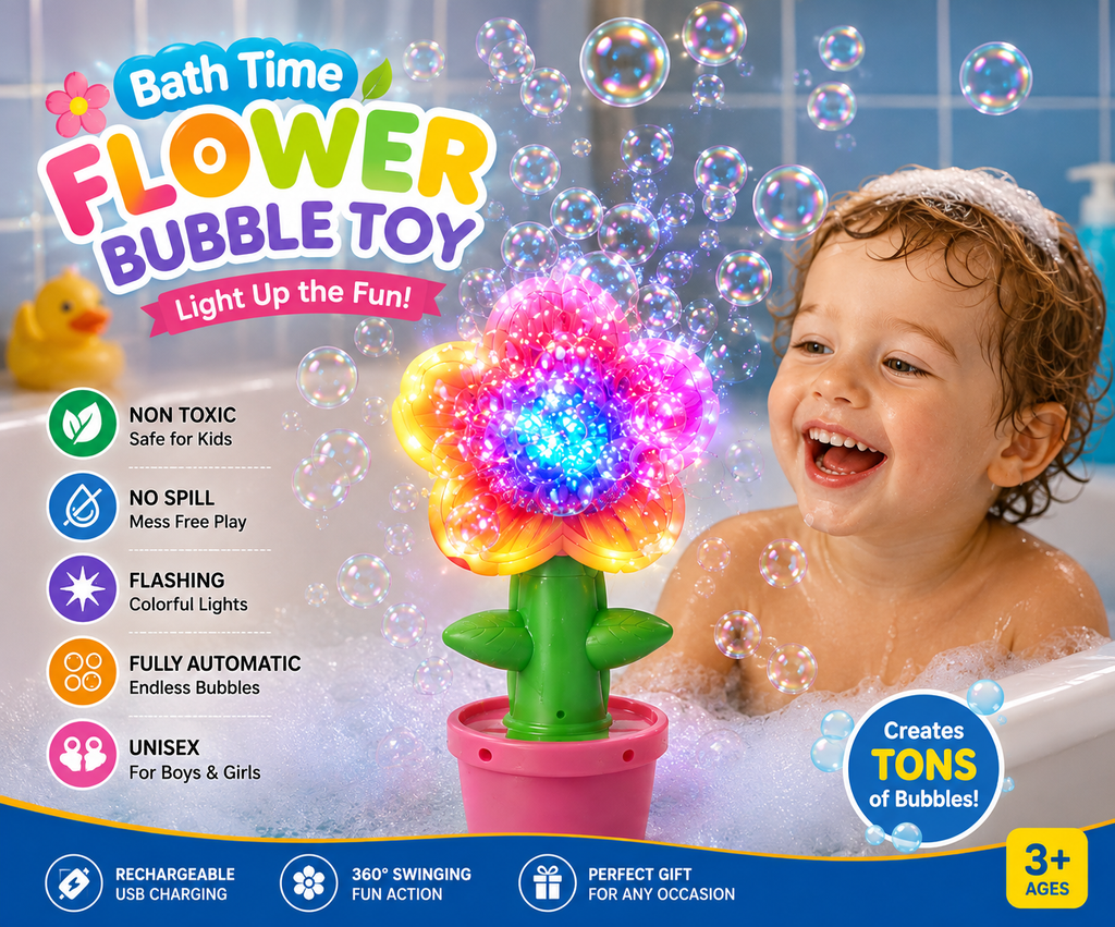 Handheld Sunflower Bubble Machine Automatic Flower Bubble Blaster Toy with Colorful LED Lights Kids Outdoor Party Play Toy Gift