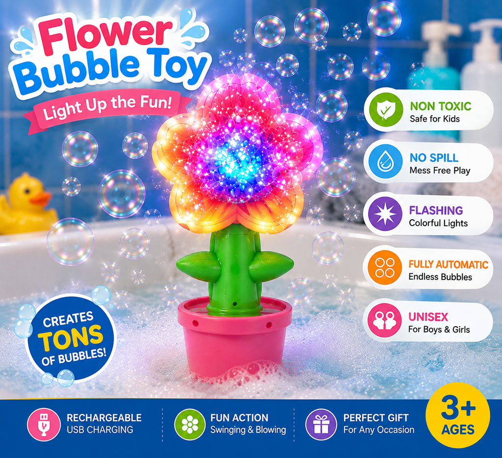 Handheld Sunflower Bubble Machine Automatic Flower Bubble Blaster Toy with Colorful LED Lights Kids Outdoor Party Play Toy Gift