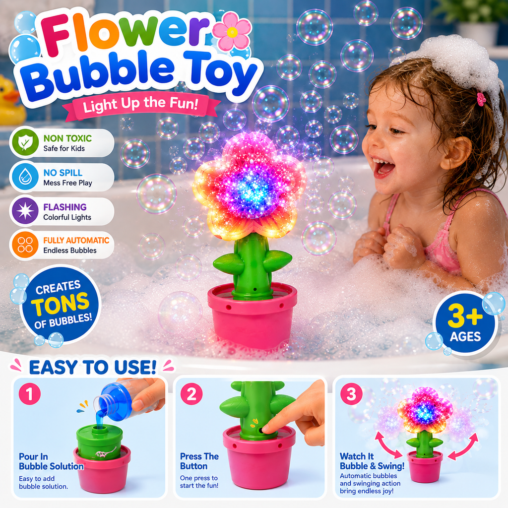 Handheld Sunflower Bubble Machine Automatic Flower Bubble Blaster Toy with Colorful LED Lights Kids Outdoor Party Play Toy Gift