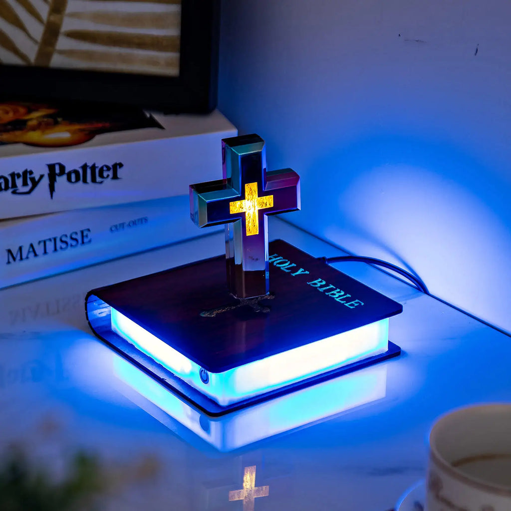 Innovative Technology Novelty Gifts Unique Home Decoration Automatic Rotating RGB Magnetic Levitating Floating Colorful Cross