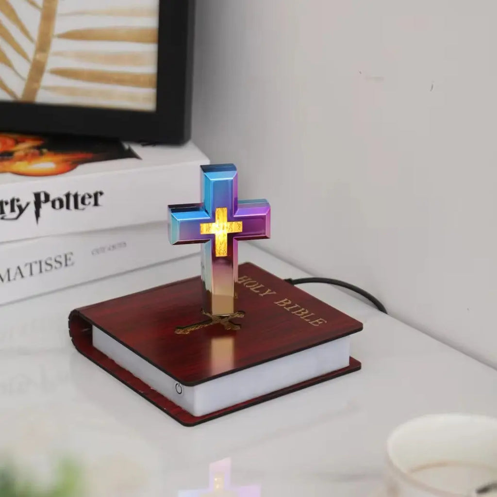 Innovative Technology Novelty Gifts Unique Home Decoration Automatic Rotating RGB Magnetic Levitating Floating Colorful Cross