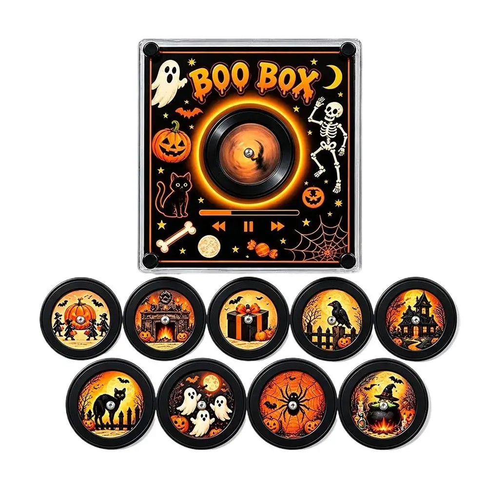 Weihnachtsgeschenk-Kühlschrankmagnet in Schallplattenspieler-Optik, LED-leuchtende Spieluhr-Dekoration mit 9 magnetischen NFC-Schallplatten, Halloween-Geschenk