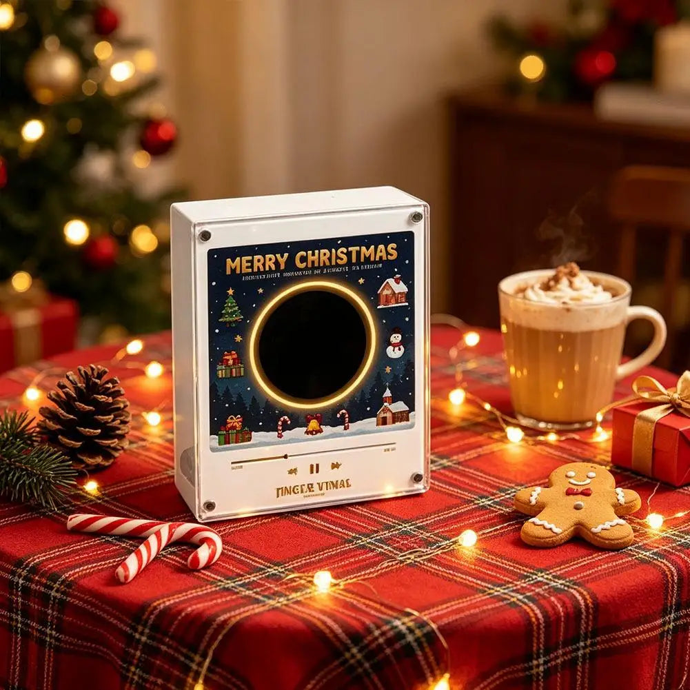 Weihnachtsgeschenk-Kühlschrankmagnet in Schallplattenspieler-Optik, LED-leuchtende Spieluhr-Dekoration mit 9 magnetischen NFC-Schallplatten, Halloween-Geschenk