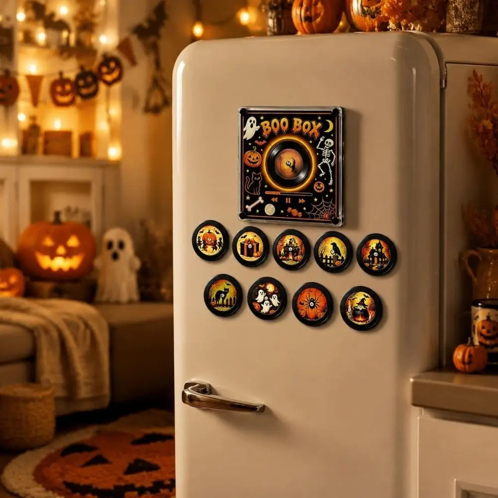 Weihnachtsgeschenk-Kühlschrankmagnet in Schallplattenspieler-Optik, LED-leuchtende Spieluhr-Dekoration mit 9 magnetischen NFC-Schallplatten, Halloween-Geschenk