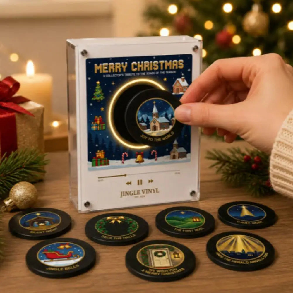 Weihnachtsgeschenk-Kühlschrankmagnet in Schallplattenspieler-Optik, LED-leuchtende Spieluhr-Dekoration mit 9 magnetischen NFC-Schallplatten, Halloween-Geschenk