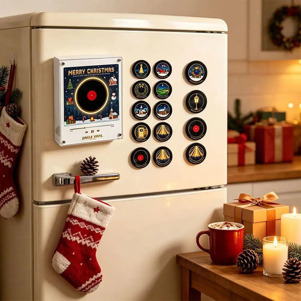 Weihnachtsgeschenk-Kühlschrankmagnet in Schallplattenspieler-Optik, LED-leuchtende Spieluhr-Dekoration mit 9 magnetischen NFC-Schallplatten, Halloween-Geschenk