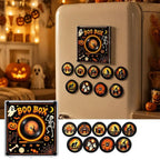 Weihnachtsgeschenk-Kühlschrankmagnet in Schallplattenspieler-Optik, LED-leuchtende Spieluhr-Dekoration mit 9 magnetischen NFC-Schallplatten, Halloween-Geschenk