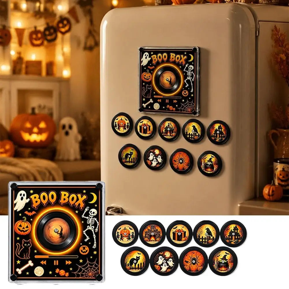 Weihnachtsgeschenk-Kühlschrankmagnet in Schallplattenspieler-Optik, LED-leuchtende Spieluhr-Dekoration mit 9 magnetischen NFC-Schallplatten, Halloween-Geschenk