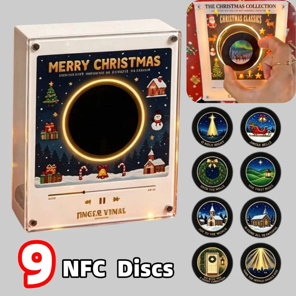 Weihnachtsgeschenk-Kühlschrankmagnet in Schallplattenspieler-Optik, LED-leuchtende Spieluhr-Dekoration mit 9 magnetischen NFC-Schallplatten, Halloween-Geschenk