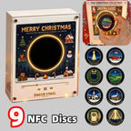 Weihnachtsgeschenk-Kühlschrankmagnet in Schallplattenspieler-Optik, LED-leuchtende Spieluhr-Dekoration mit 9 magnetischen NFC-Schallplatten, Halloween-Geschenk