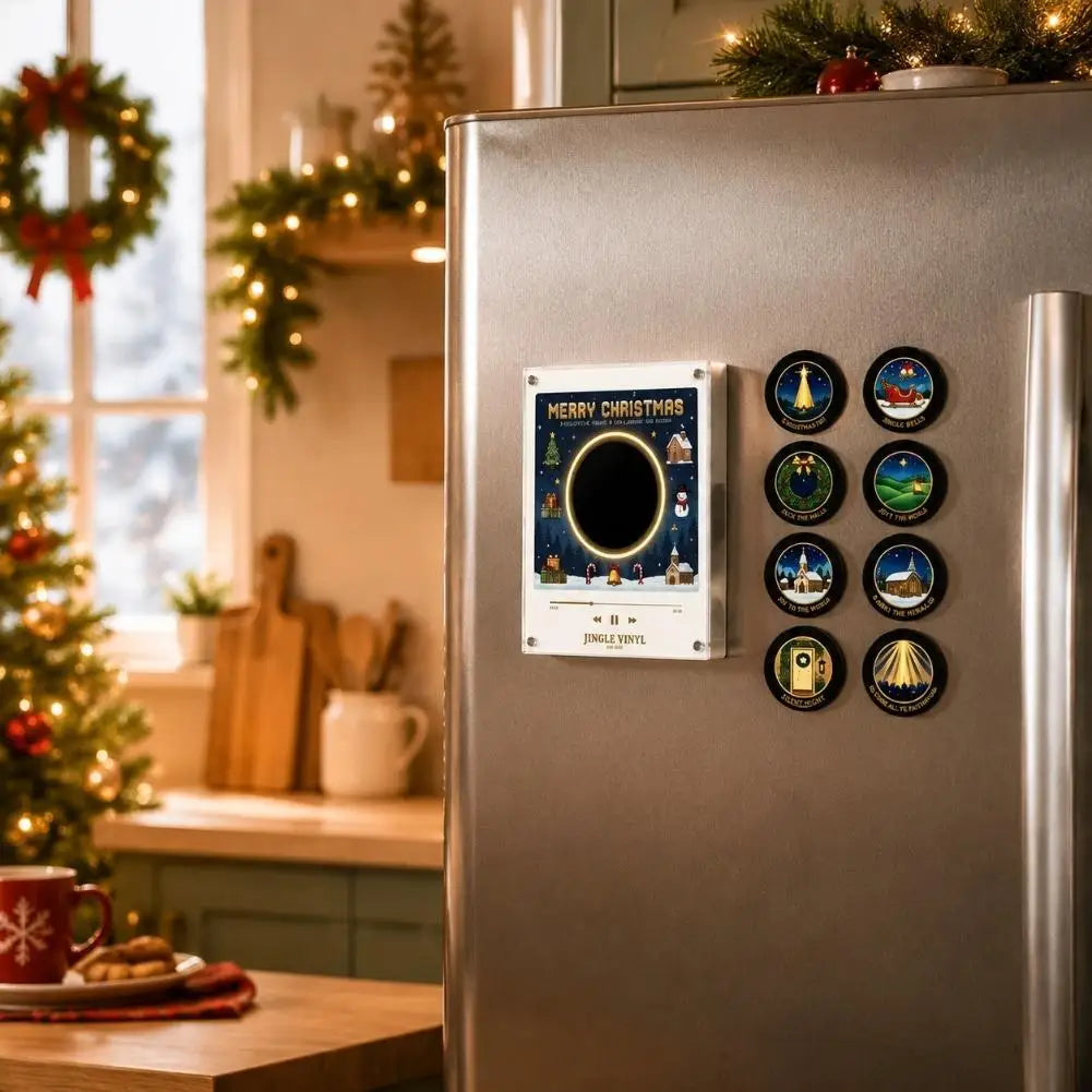 Weihnachtsgeschenk-Kühlschrankmagnet in Schallplattenspieler-Optik, LED-leuchtende Spieluhr-Dekoration mit 9 magnetischen NFC-Schallplatten, Halloween-Geschenk