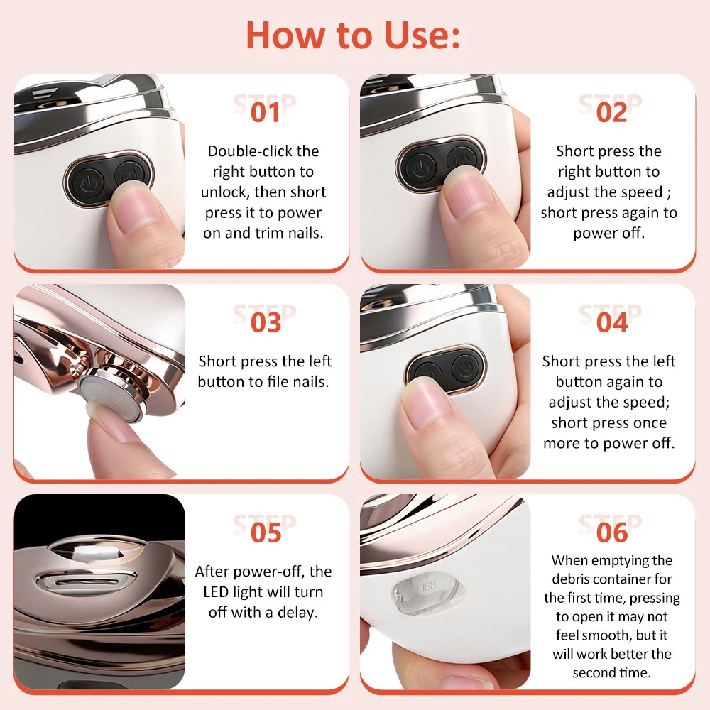2 in 1 Multi-functional Electric Nail Clipper 3-Speed Nail Polishing with Light for Kids Adult