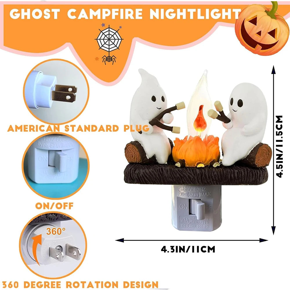 Geister-Lagerfeuer-Steckdosen-Nachtlicht, Halloween-Dekoration, niedliche, gruselige Marshmallow-Szenenlampe.